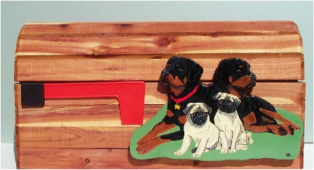 Cedar Mailbox with 2 Rottweilers and 2 Pugs